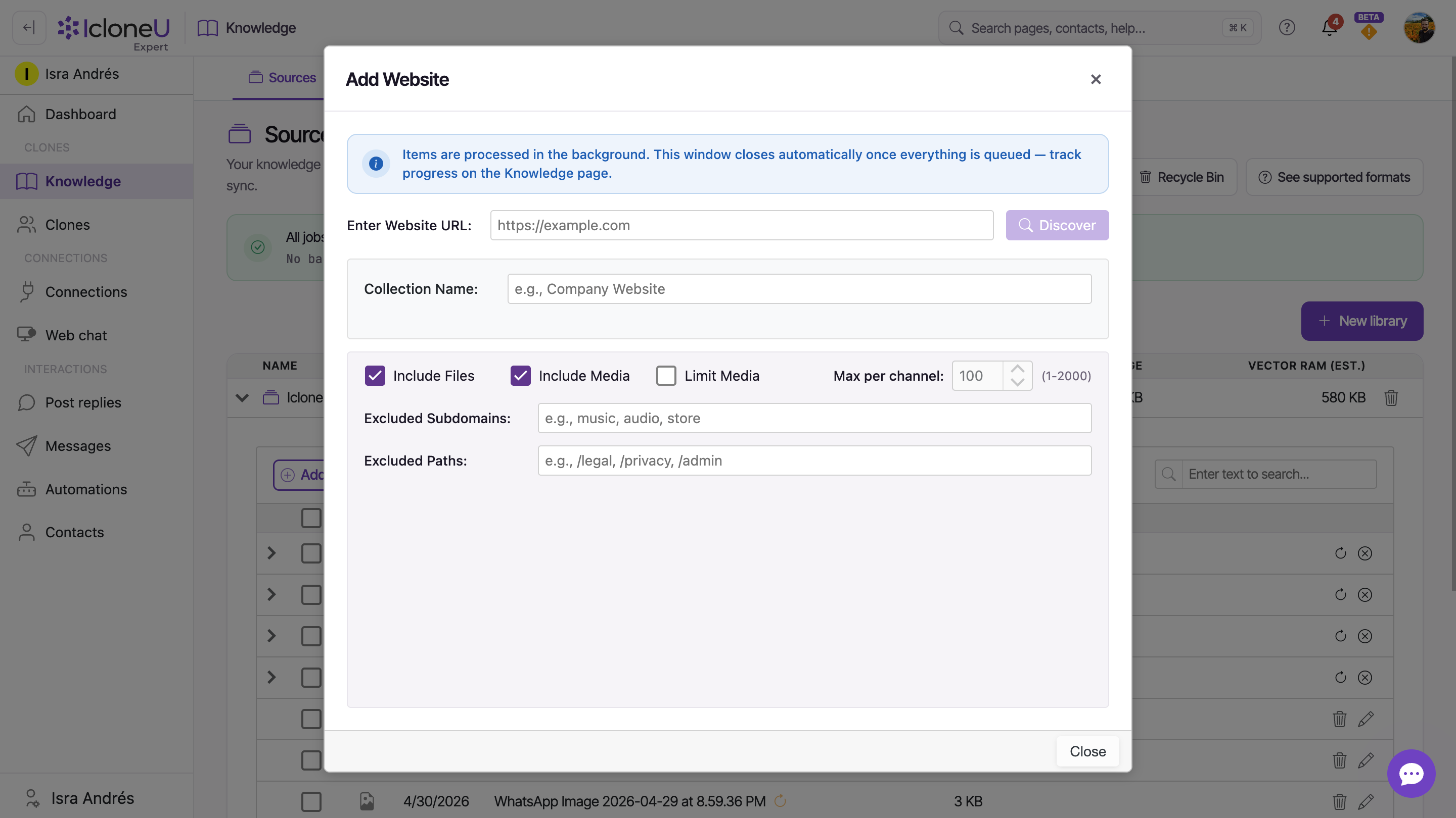 The Add Website dialog: URL field, scope controls and the Discover button
