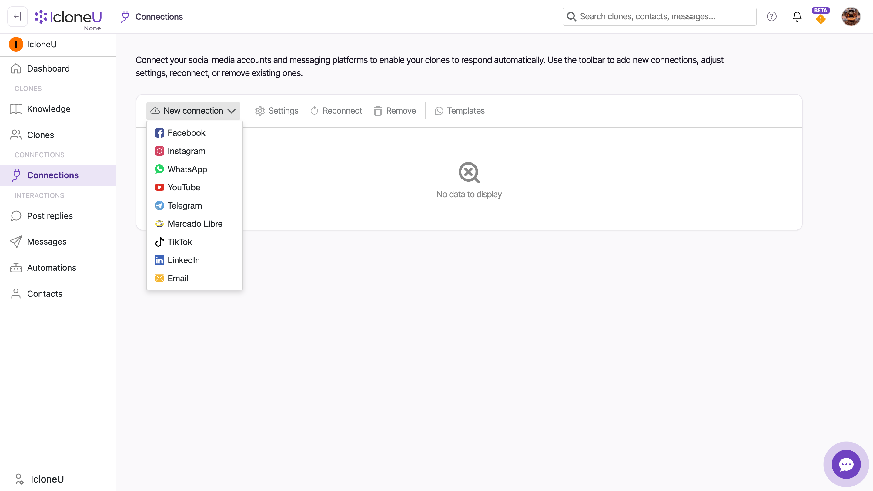 The Connections page with the New connection dropdown open, listing the available channels