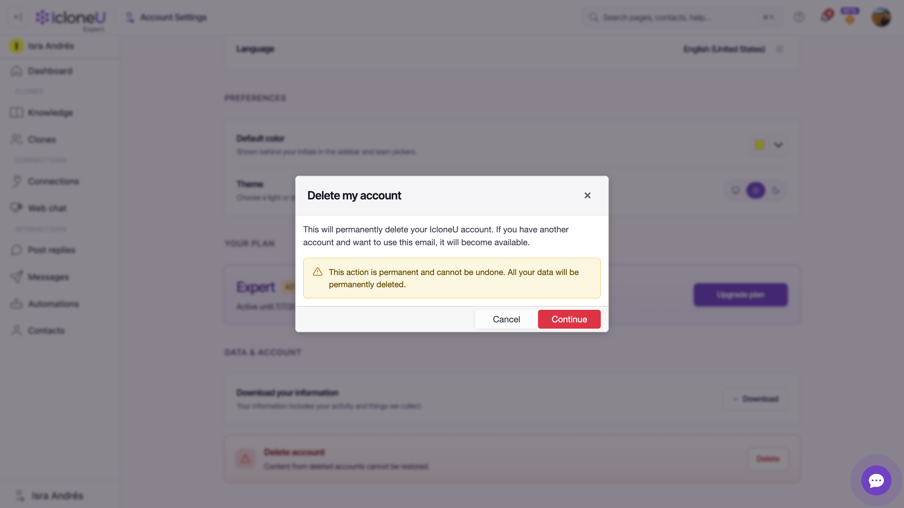 The Delete my account confirmation step showing the Subscription Notice, the email-match field, the acknowledgement checkbox and the Permanently delete account button