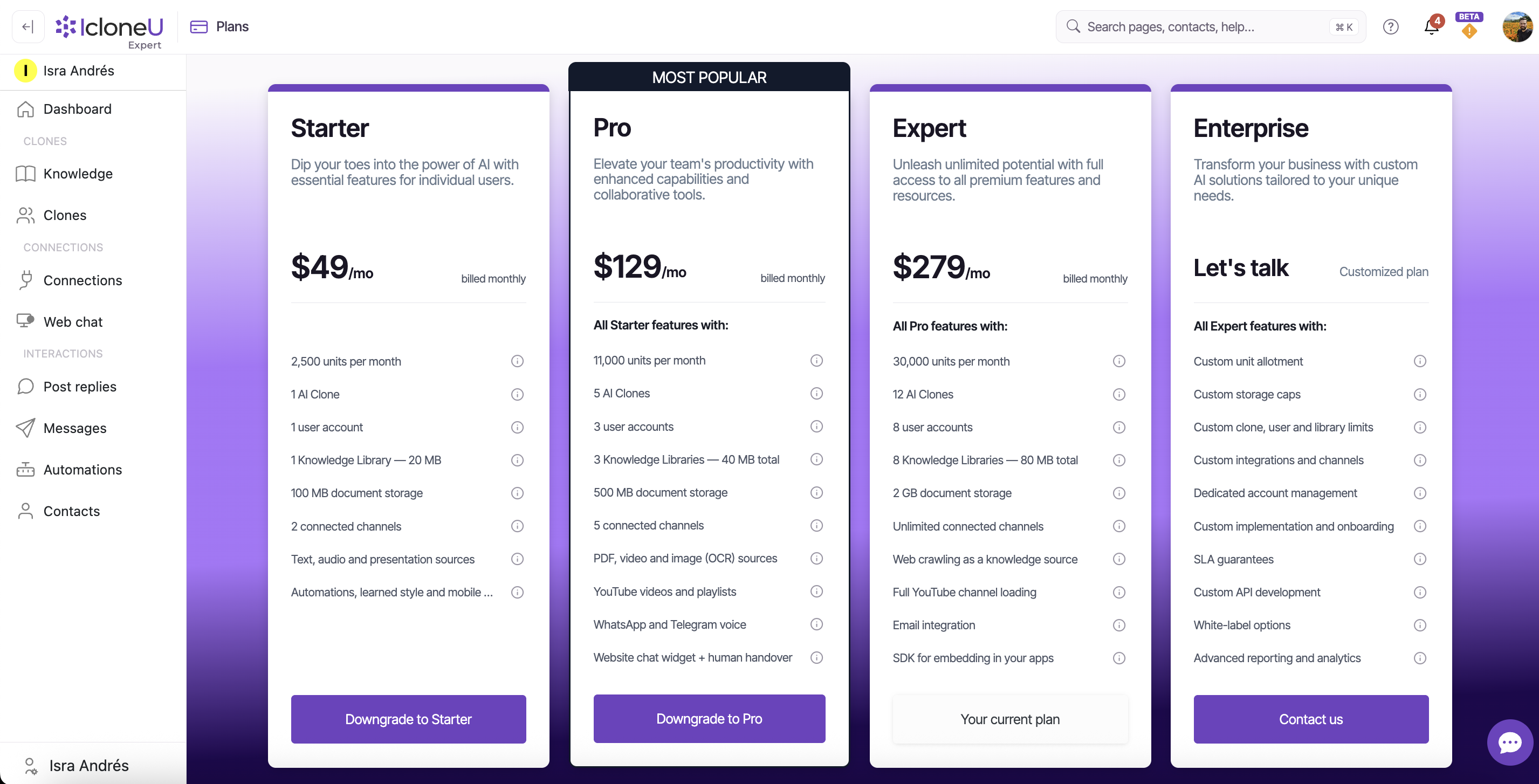 The Plans page with the Monthly/Yearly toggle, the four plan cards (Pro marked Most popular), and the side-by-side comparison table below