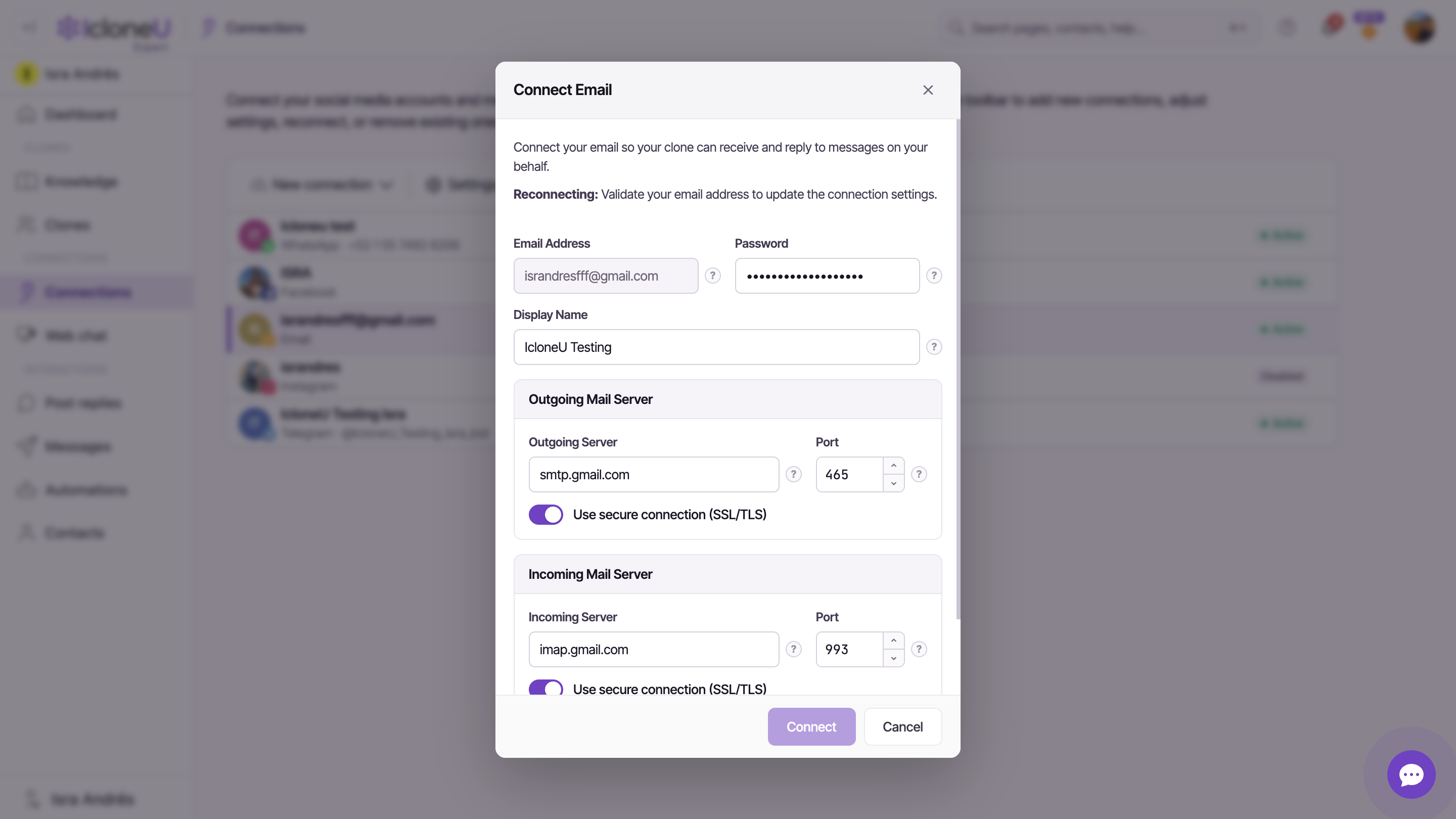 The Connect Email dialog filled out, showing the Outgoing and Incoming server cards and the Validate button