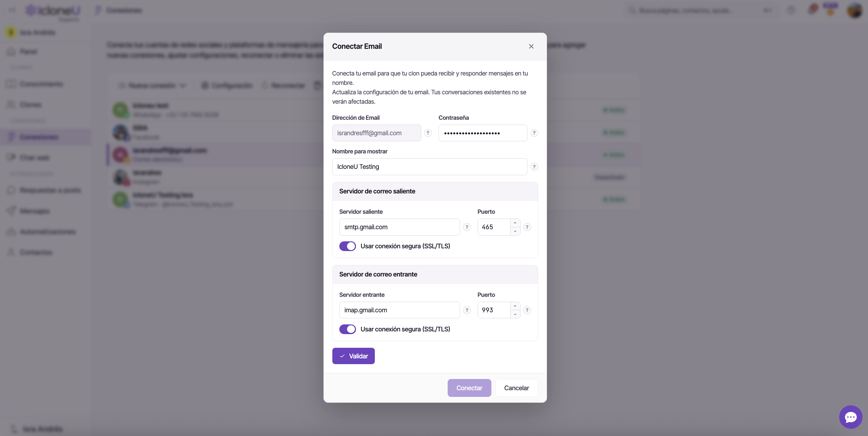El cuadro Conectar Email lleno, mostrando las tarjetas de servidor Saliente y Entrante y el botón Validar