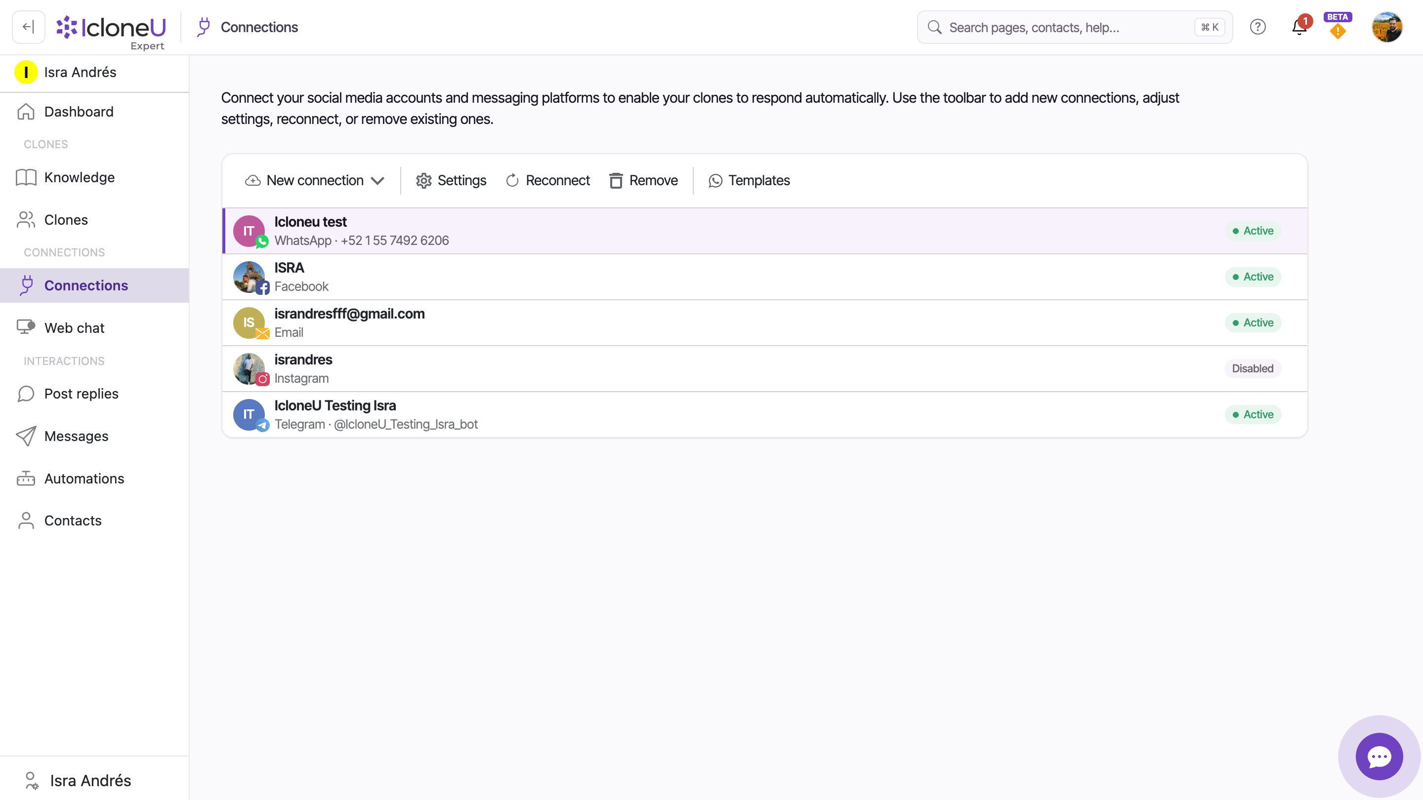 The Connections page with the channel list and the toolbar (New connection / Settings / Reconnect / Remove)