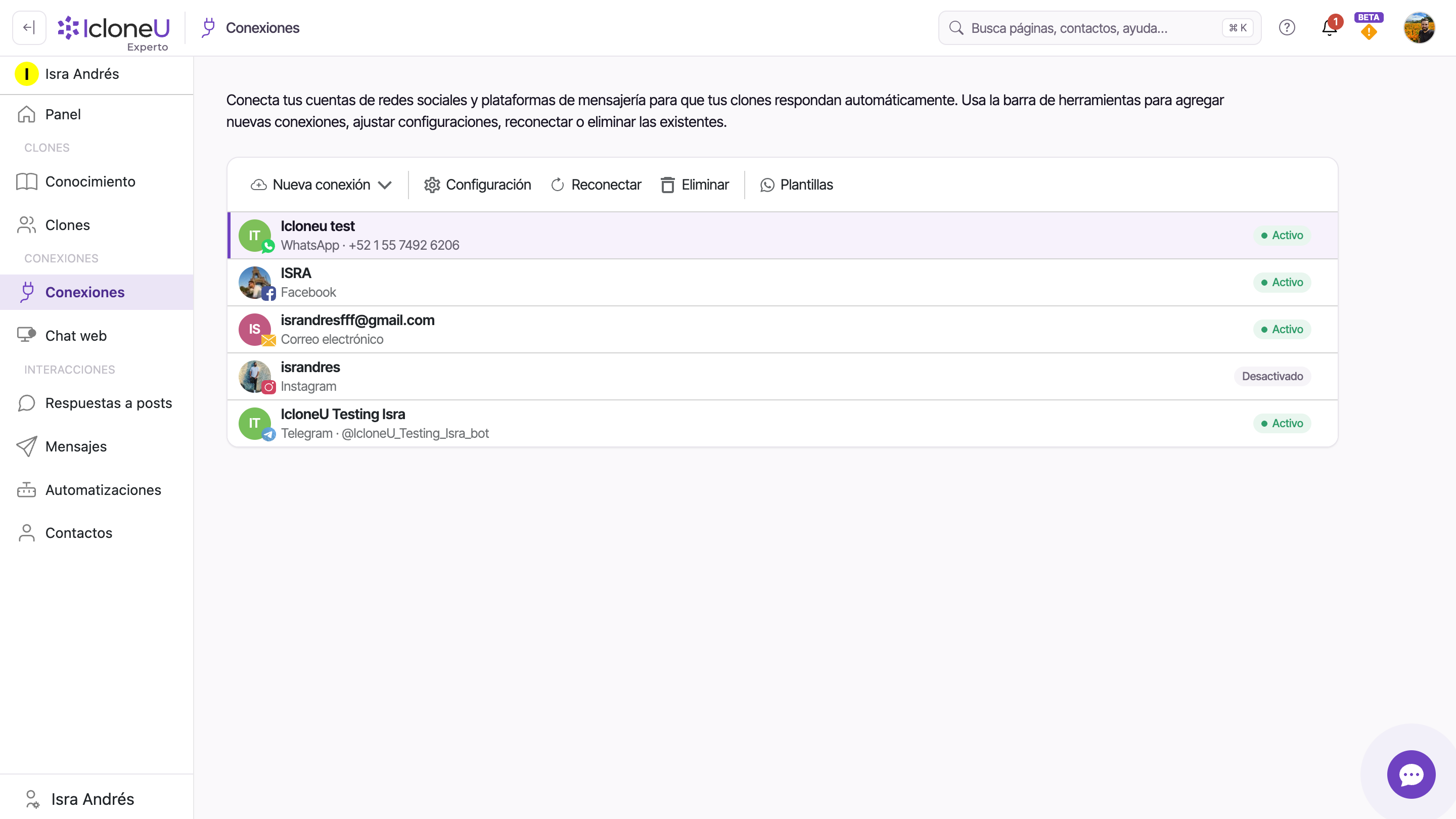 La página de Conexiones con la lista de canales y la barra de herramientas (Nueva conexión / Configuración / Reconectar / Eliminar)