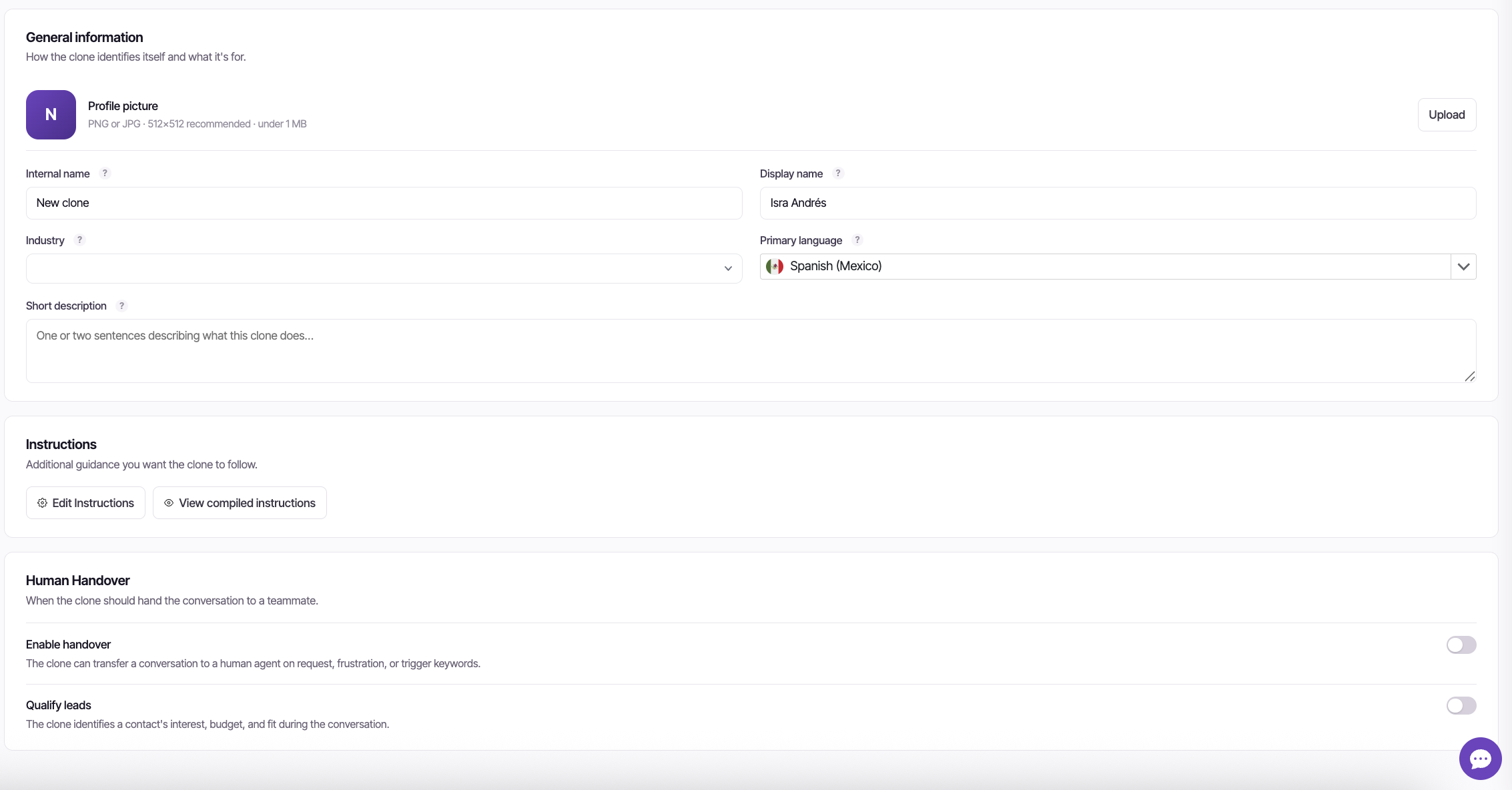 The Clones workspace with the My clones list, the pre-created Expert 1 selected and its Identity tab open