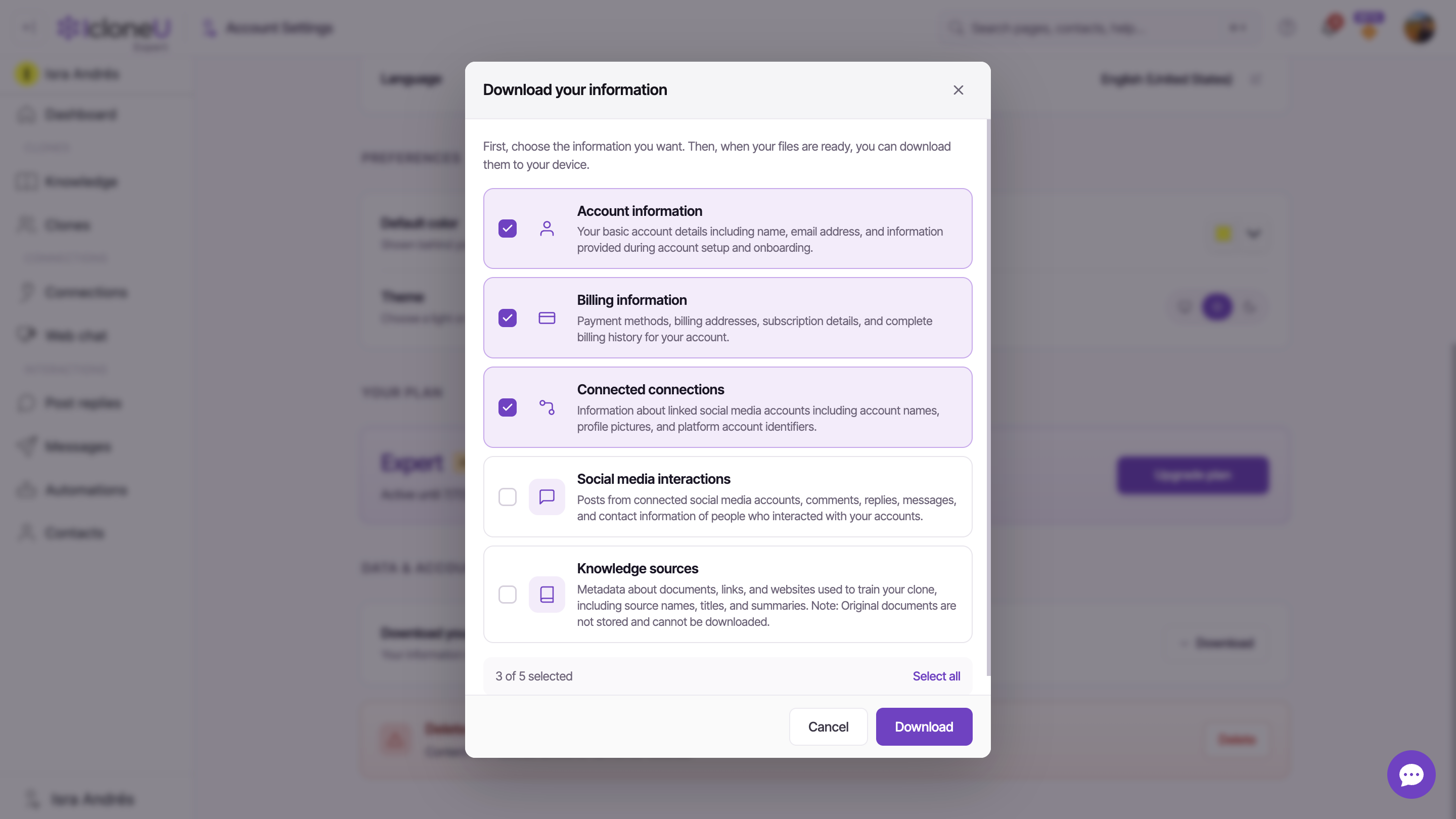 The Download your information picker open, showing the five category cards with the default three ticked, the "X of 5 selected" counter and the Download button in the footer