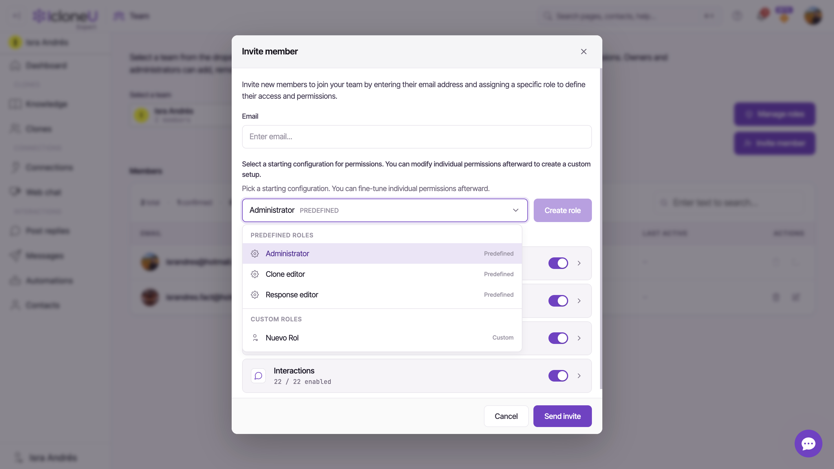 The Invite member dialog with the Email field filled, the role dropdown open showing Predefined roles (Administrator, Clone editor, Response editor), and the Permissions groups below