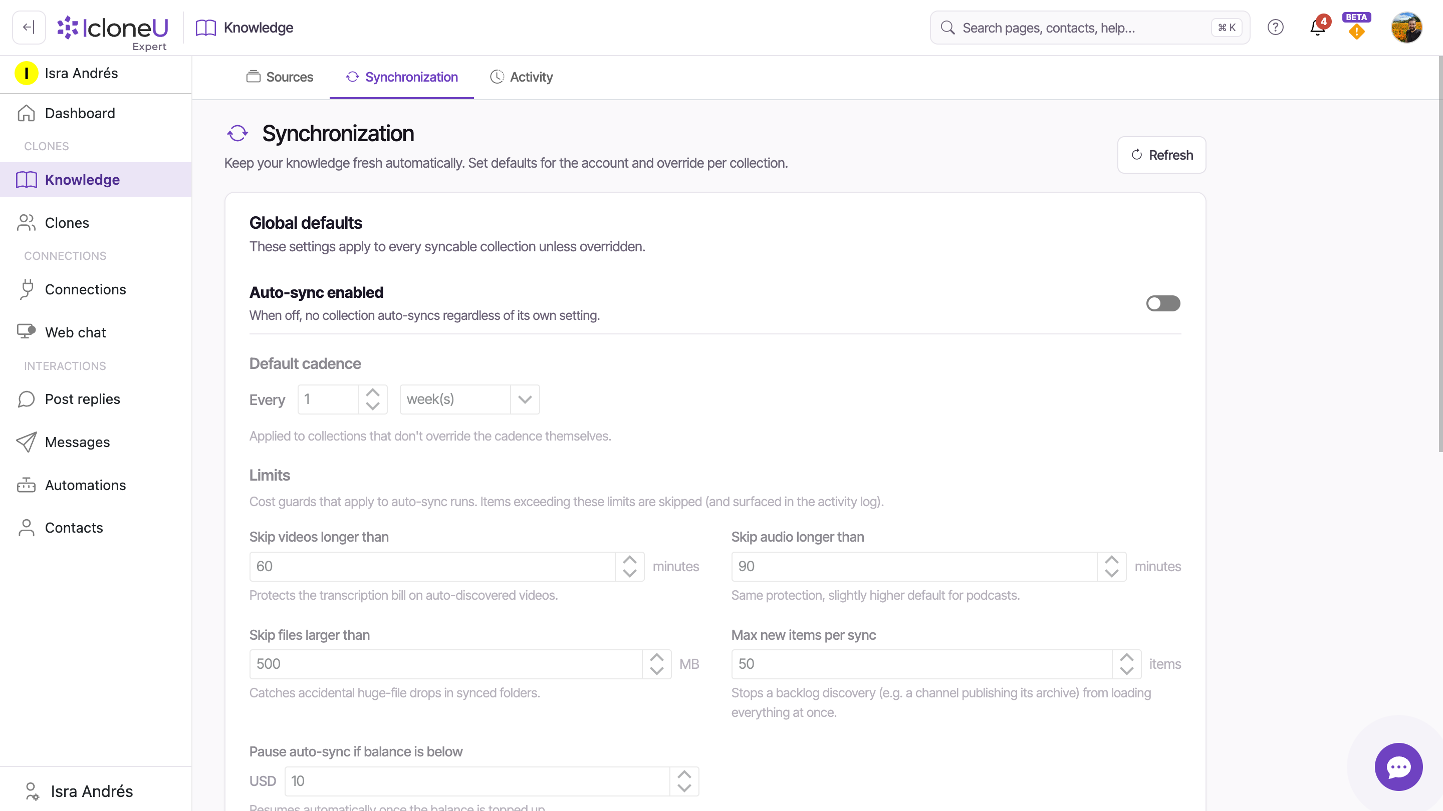 The Synchronization sub-tab: Global defaults with the Auto-sync toggle, cadence and Limits, and the Per-collection overrides table below