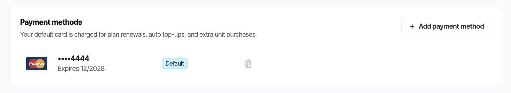 The Payment methods section with one saved card marked Default and the + Add payment method button