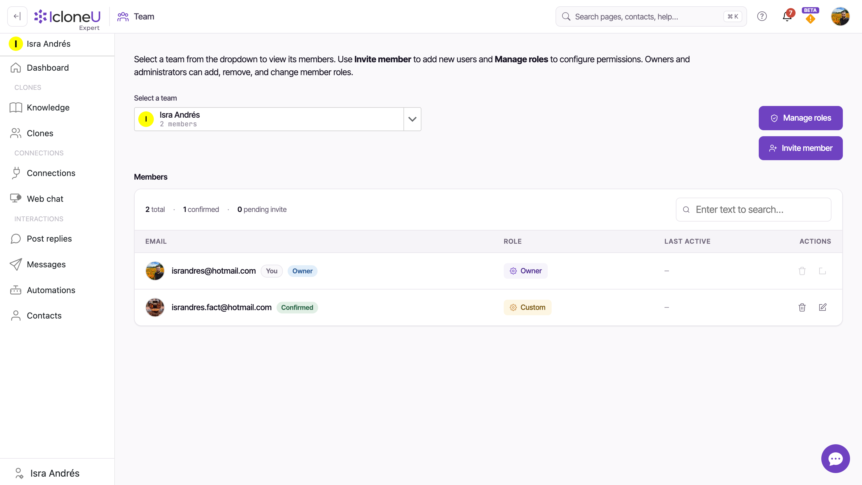 The Team page: team selector top-left, Manage roles and Invite member buttons top-right, and the Members grid showing the Owner row tagged You with the total / confirmed / pending invite counts