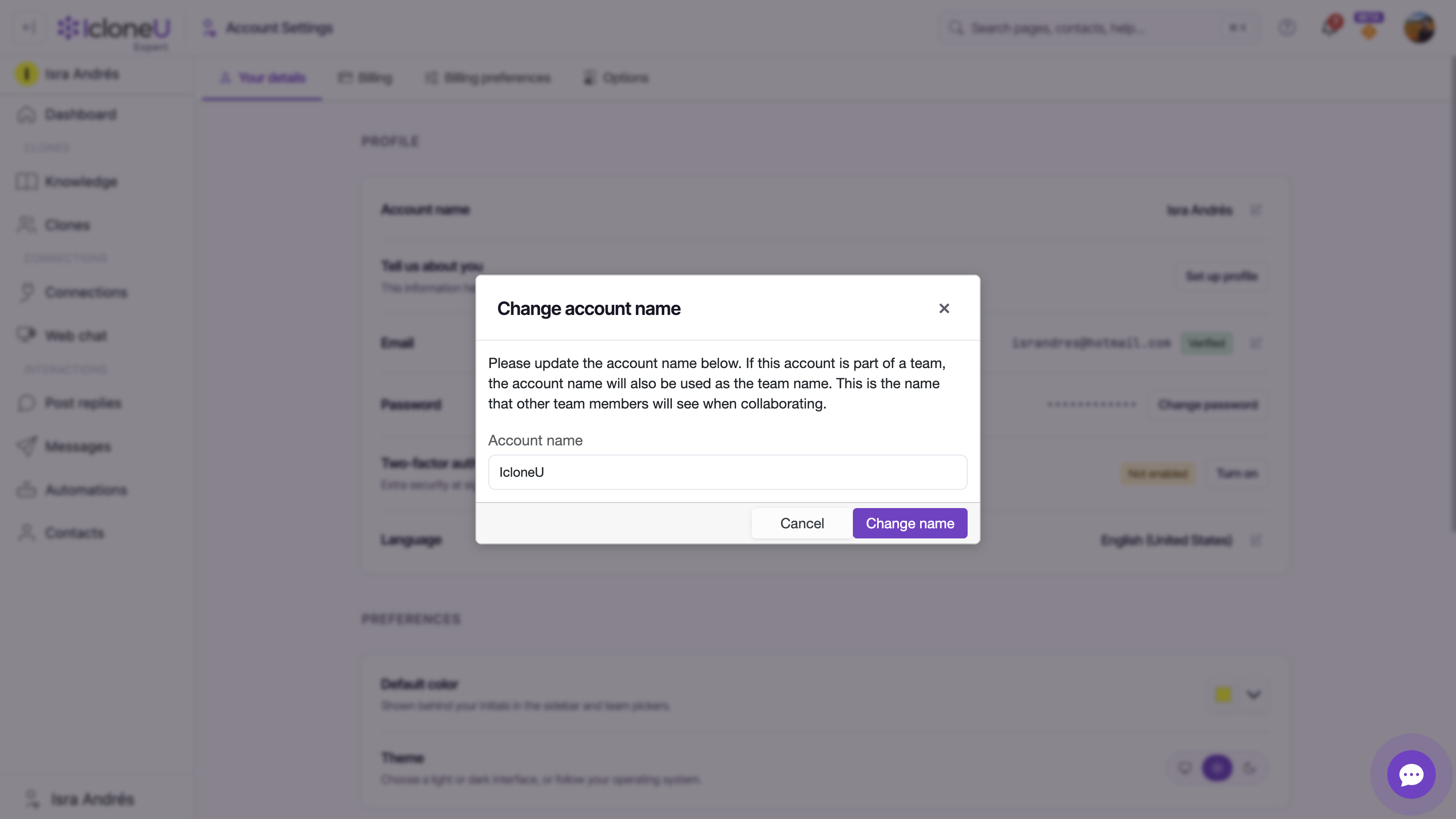 The Change account name dialog open over the Your details tab, with the current name pre-filled and the Change name button highlighted