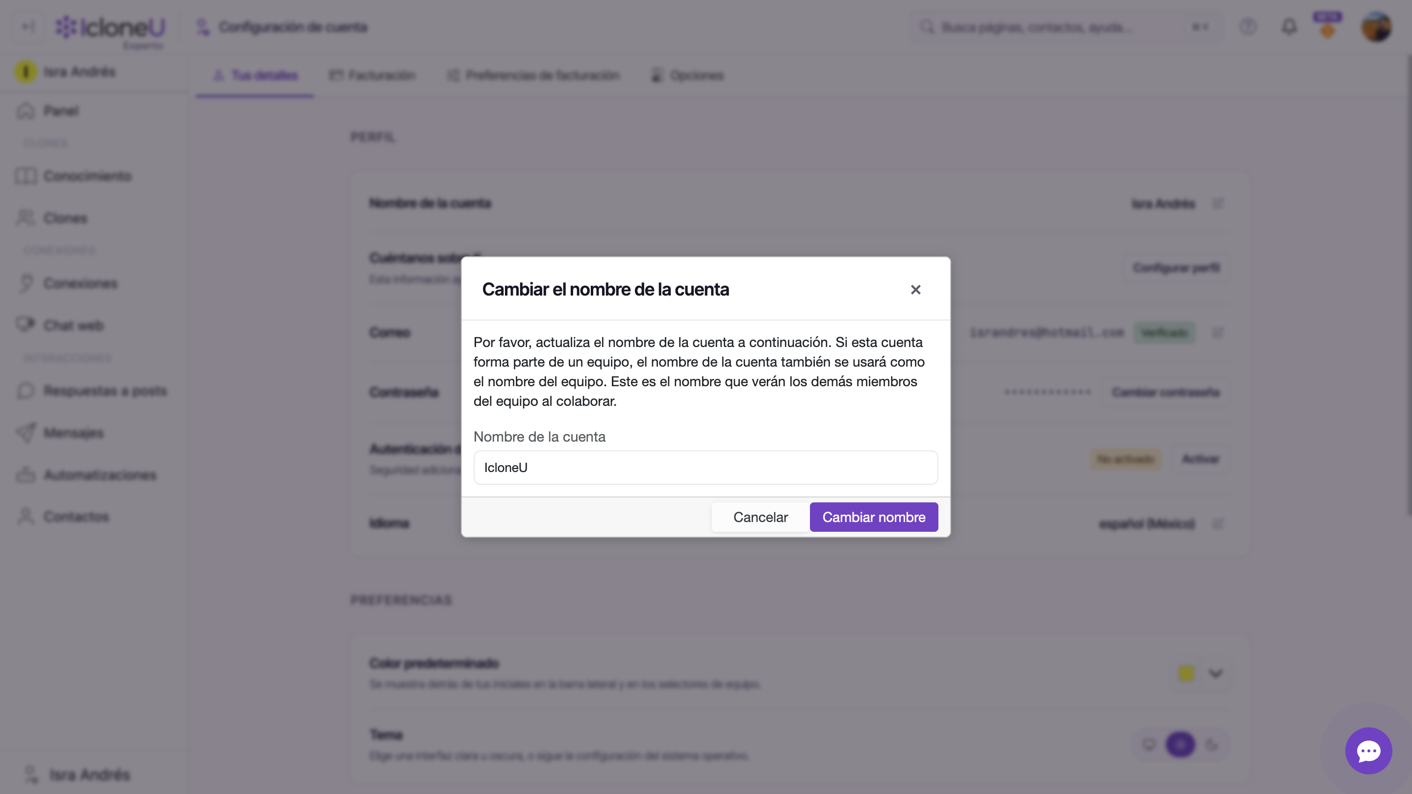 El diálogo Cambiar el nombre de la cuenta abierto sobre la pestaña Tus detalles, con el nombre actual prellenado y el botón Cambiar nombre resaltado