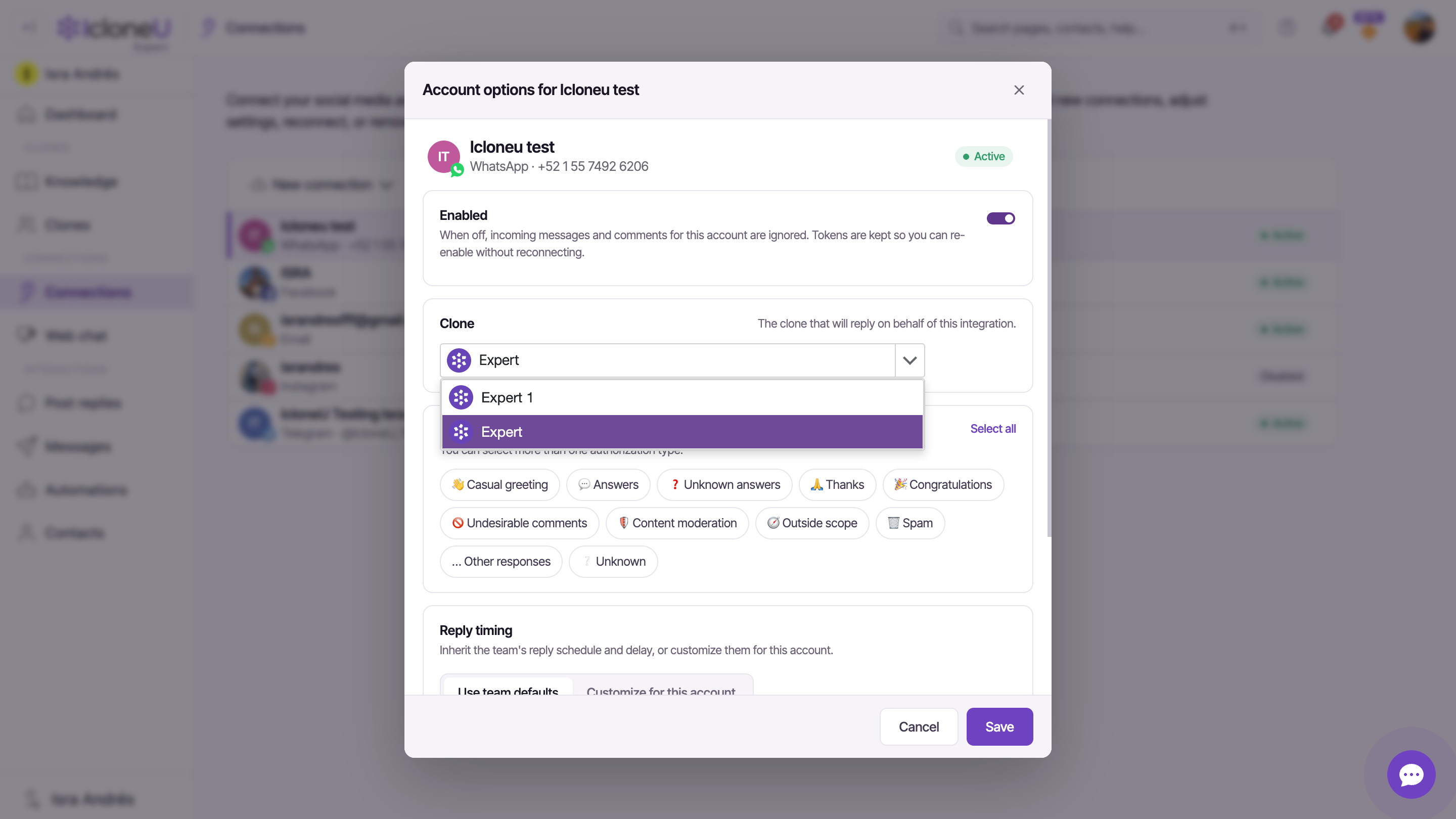 The Account options panel for a Connection, with the Enabled toggle on and the Clone dropdown open showing the account's Clones