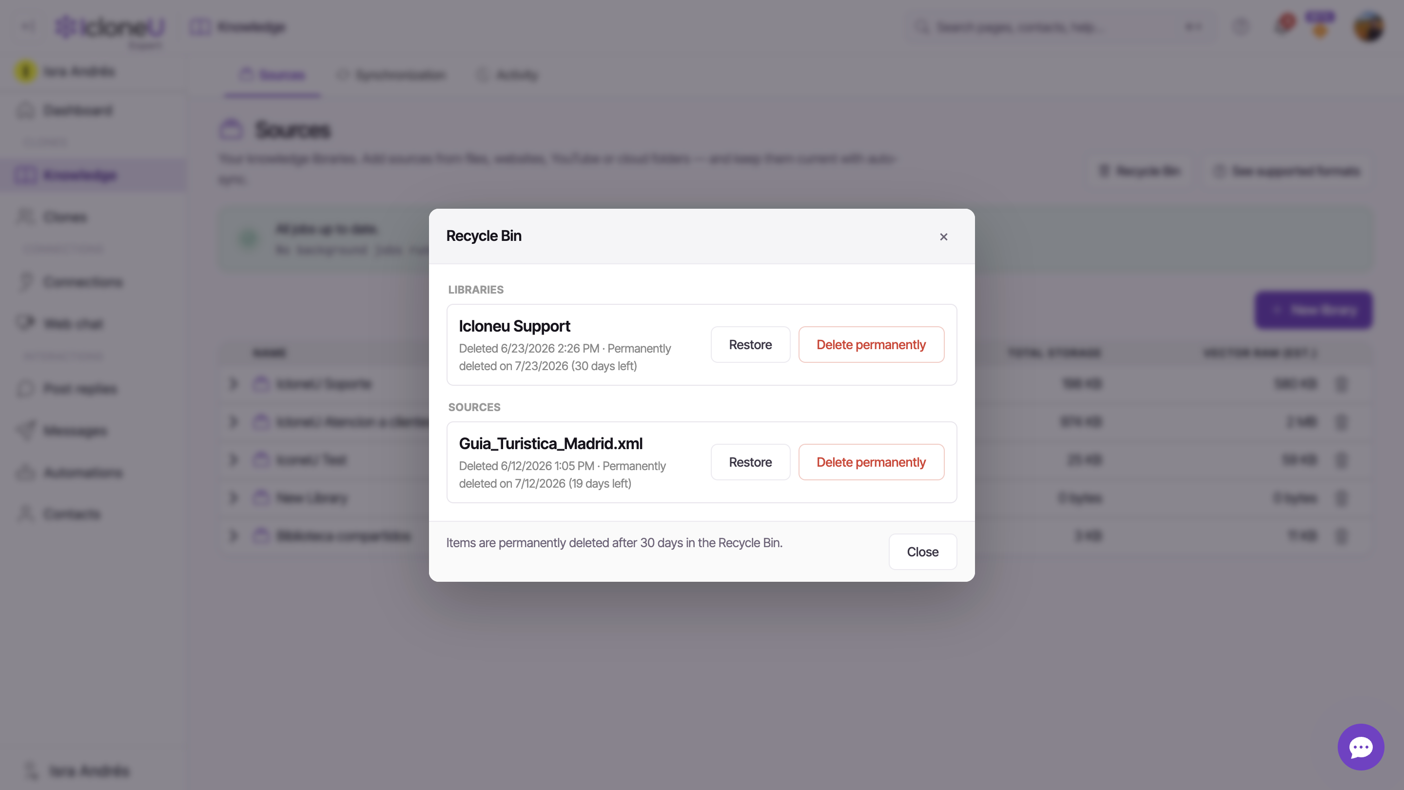 The Recycle Bin popup listing a deleted library with its Restore and Delete permanently buttons
