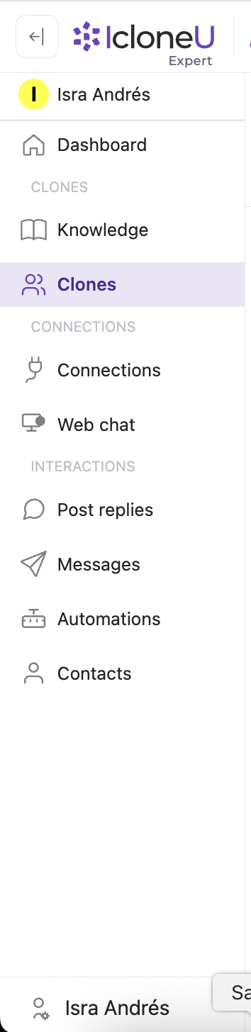 The IcloneU left sidebar with Dashboard, Clones, Knowledge, Connections, Web chat, Post replies and Messages labelled