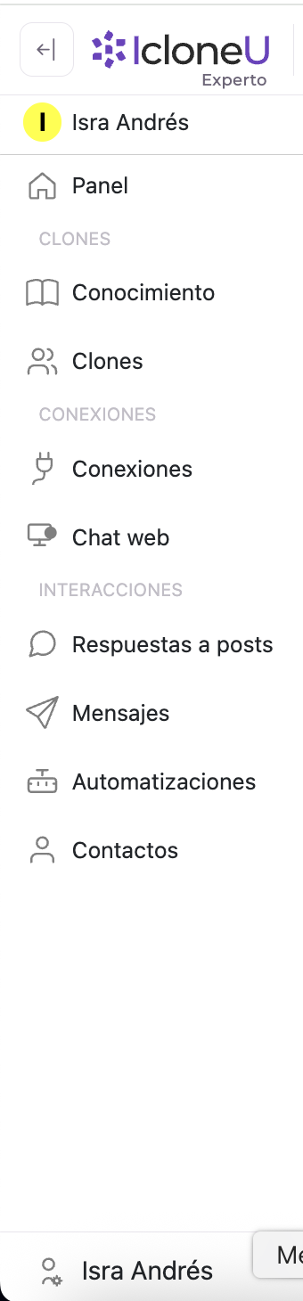 La barra lateral izquierda de IcloneU con Panel, Clones, Conocimiento, Conexiones, Claves API, Respuestas a posts y Mensajes etiquetados