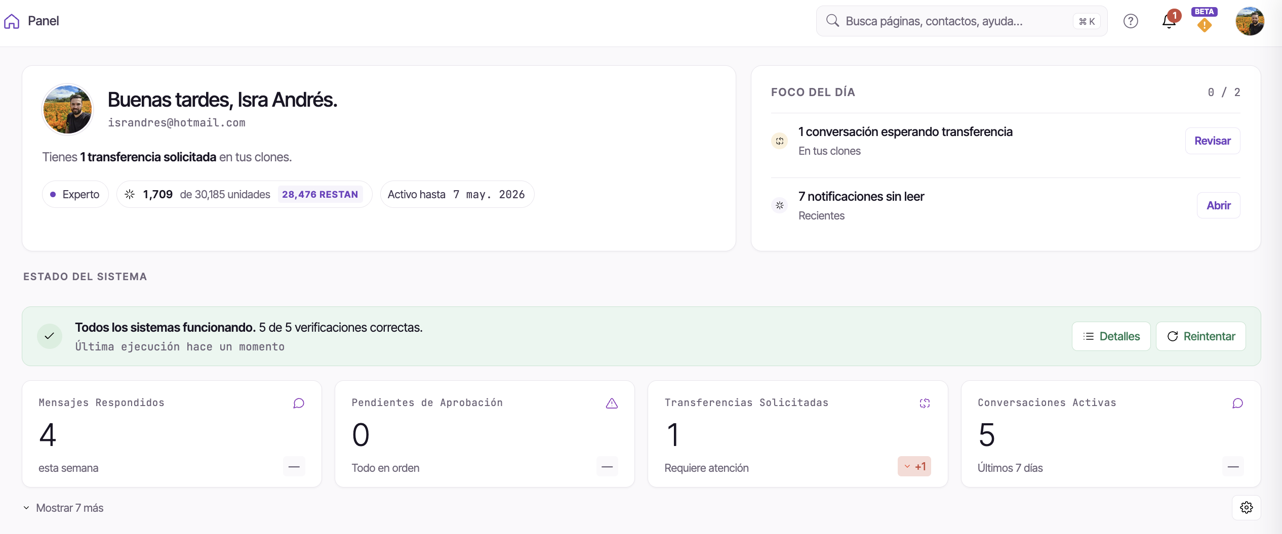 La mitad superior del Panel: saludo + banner del plan, tarjeta de salud del sistema y la franja de KPI con Mostrar más y el engranaje