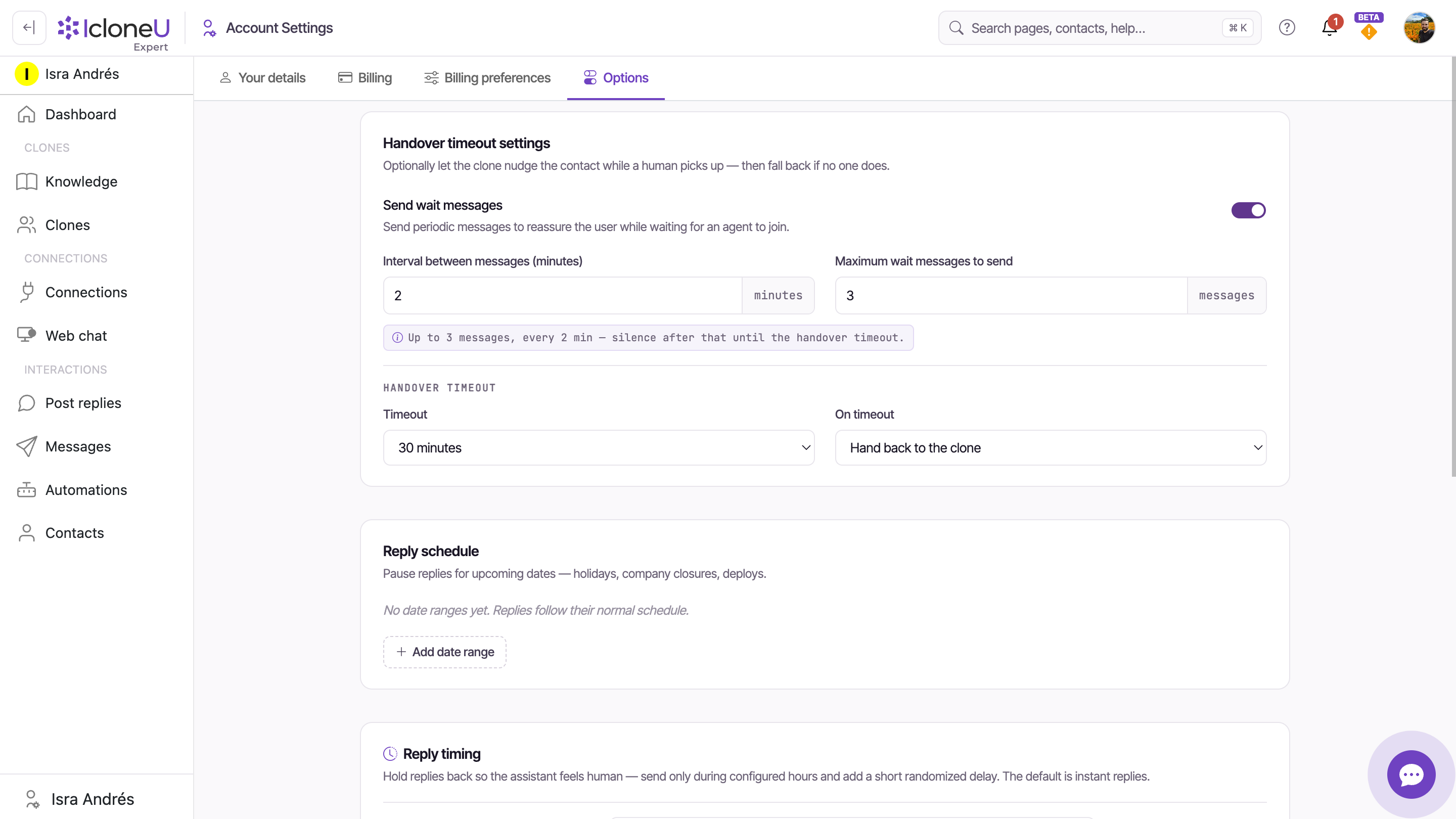 The Account settings Options tab showing the three cards stacked: Handover timeout settings, Reply schedule, and Reply timing