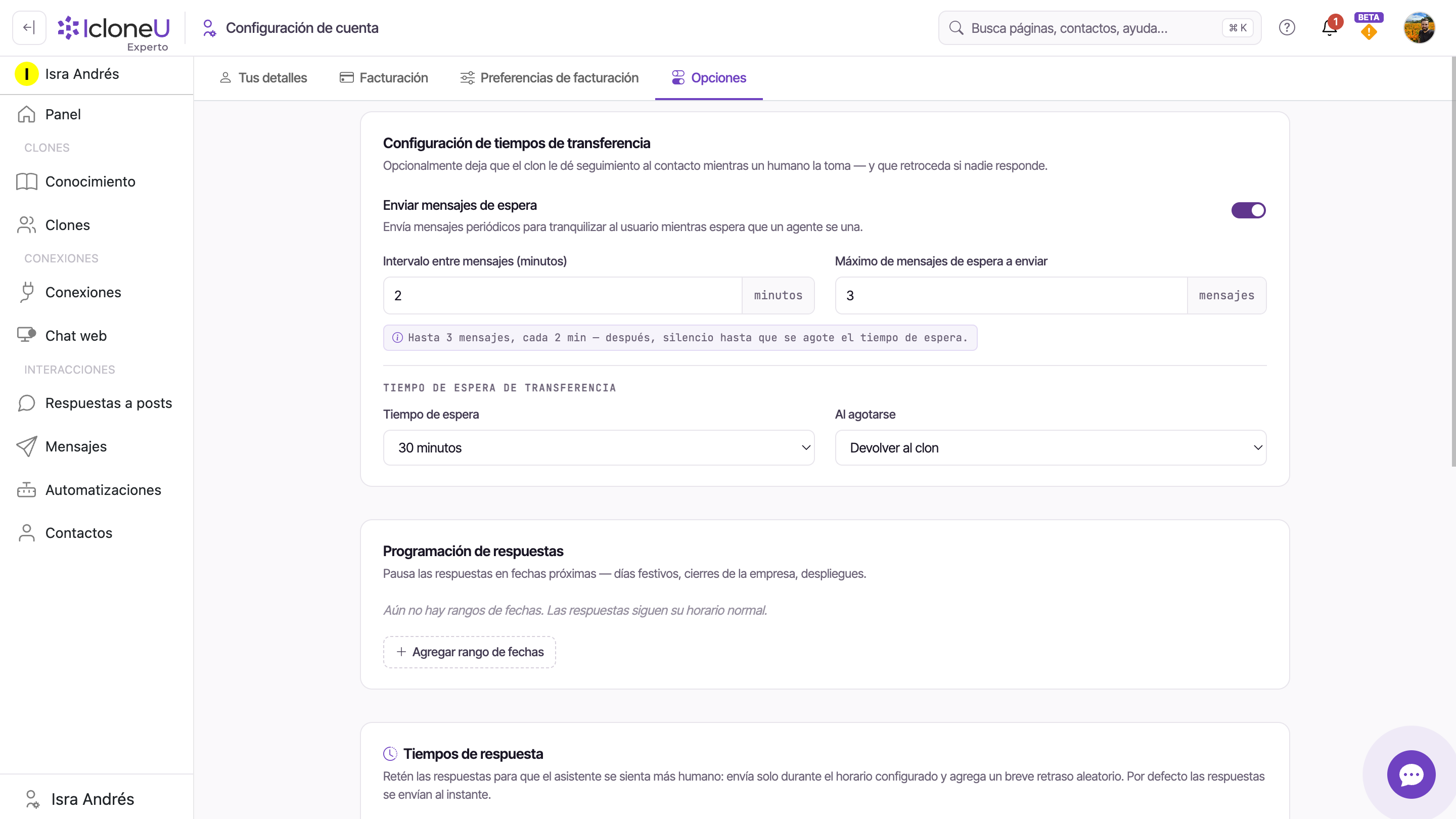 La pestaña Opciones de los ajustes de la cuenta con las tres tarjetas apiladas: Configuración de tiempos de transferencia, Programación de respuestas y Tiempos de respuesta