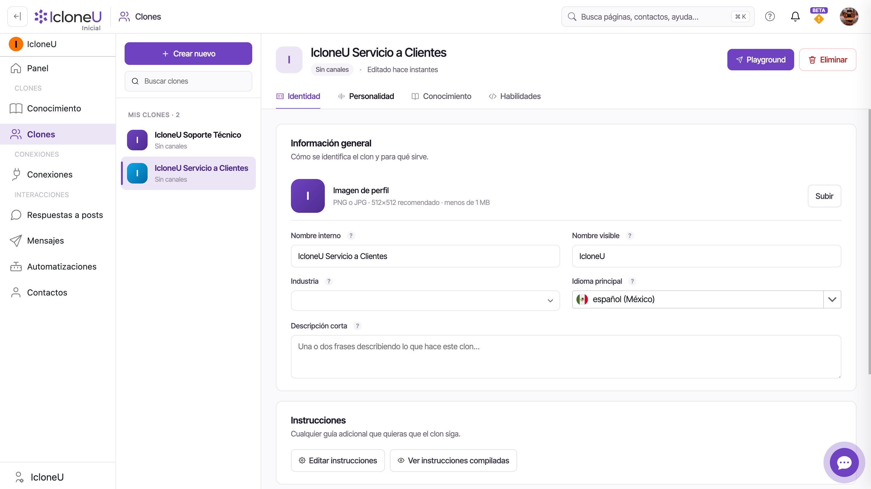 La página de Clones con dos Clones en la lista Mis clones y el botón + Crear nuevo resaltado