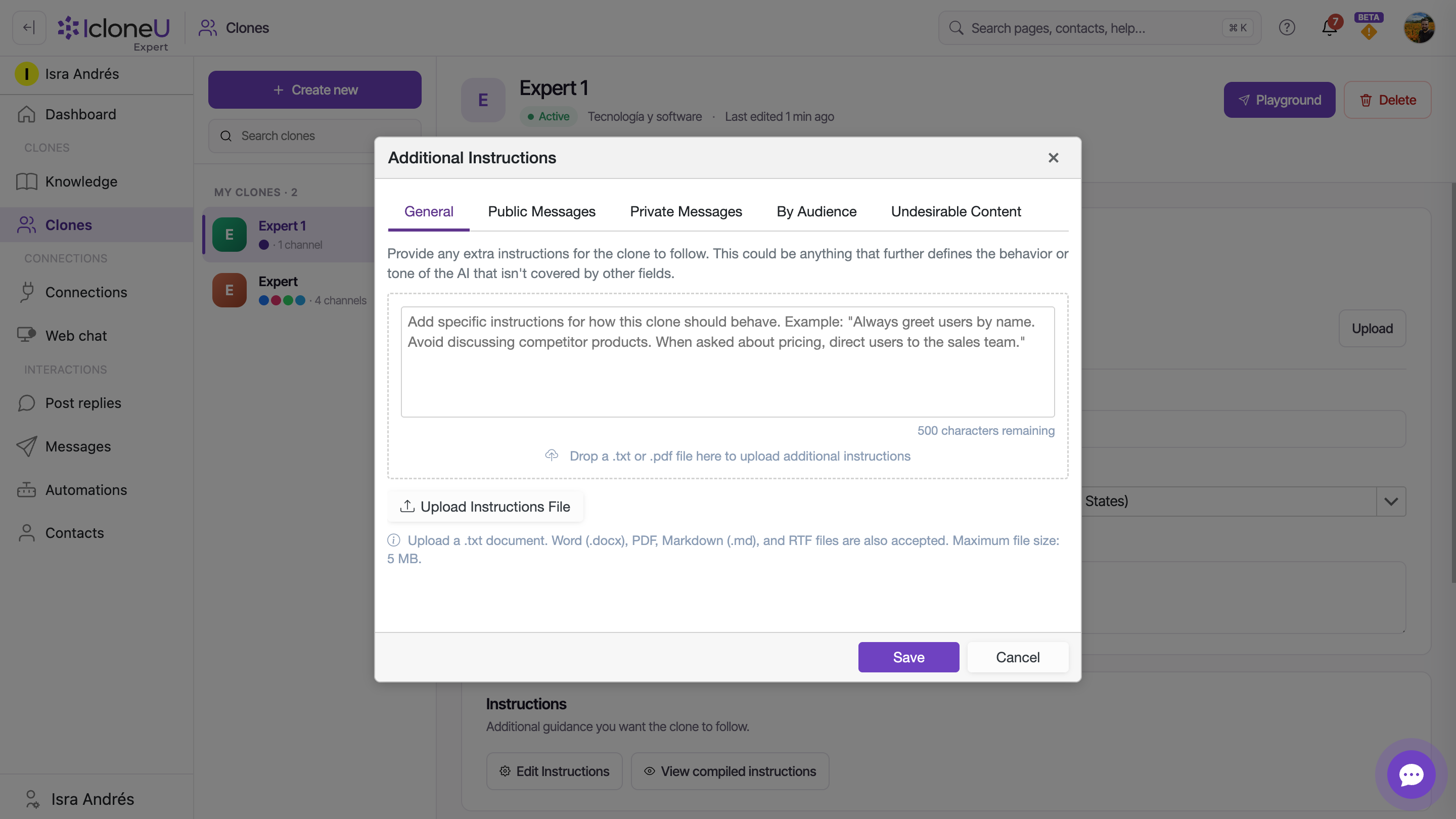 The Additional Instructions modal open on its General sub-tab, with all five sub-tabs visible