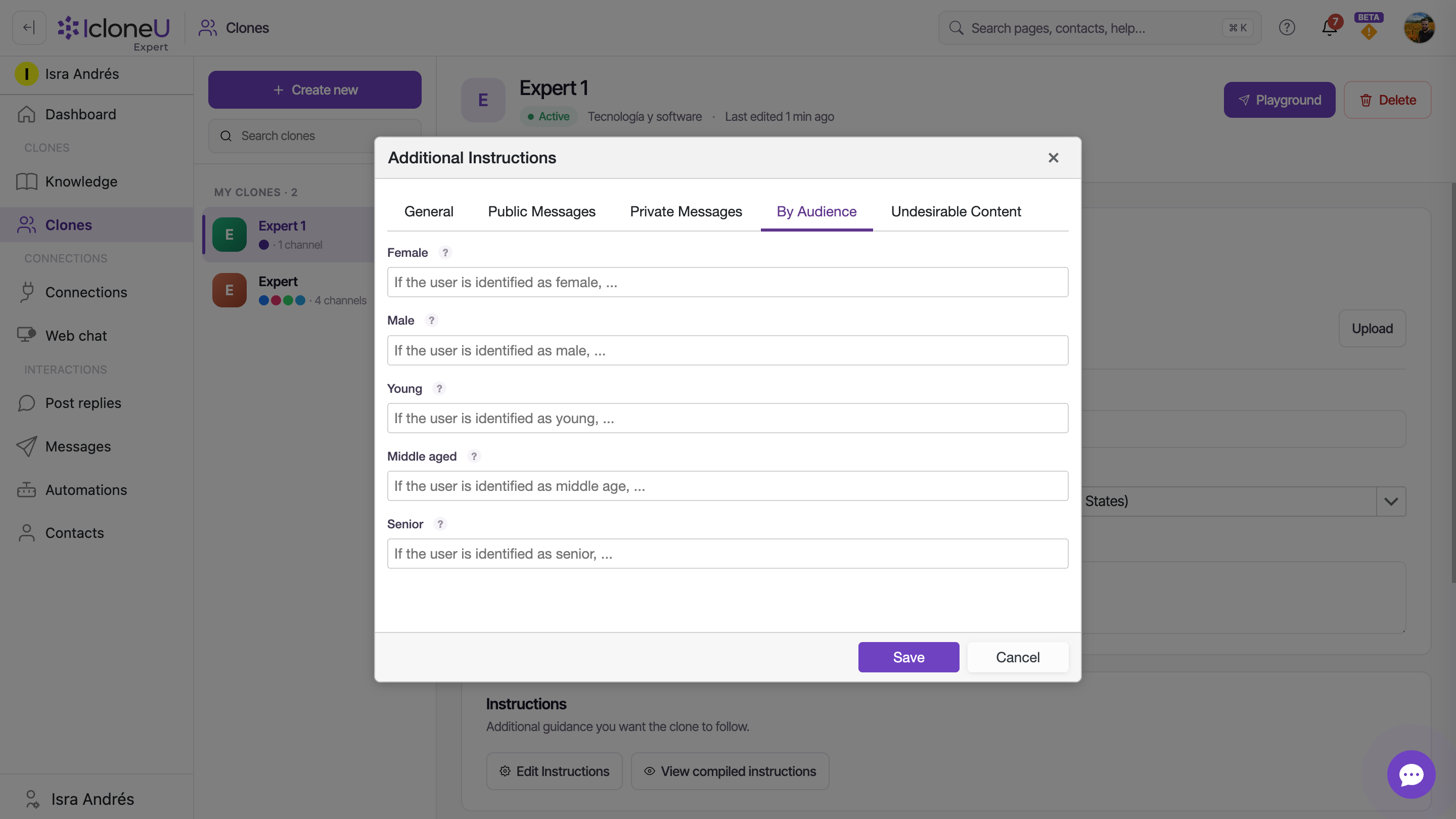 The By Audience sub-tab with its five segment fields: Female, Male, Young, Middle aged, Senior