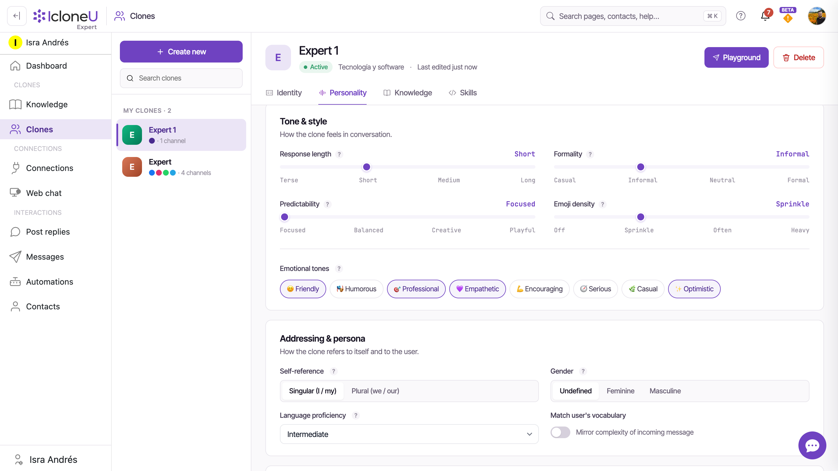 The Personality tab with the Tone & style sliders, the Emotional tones chips and the AI Learning section