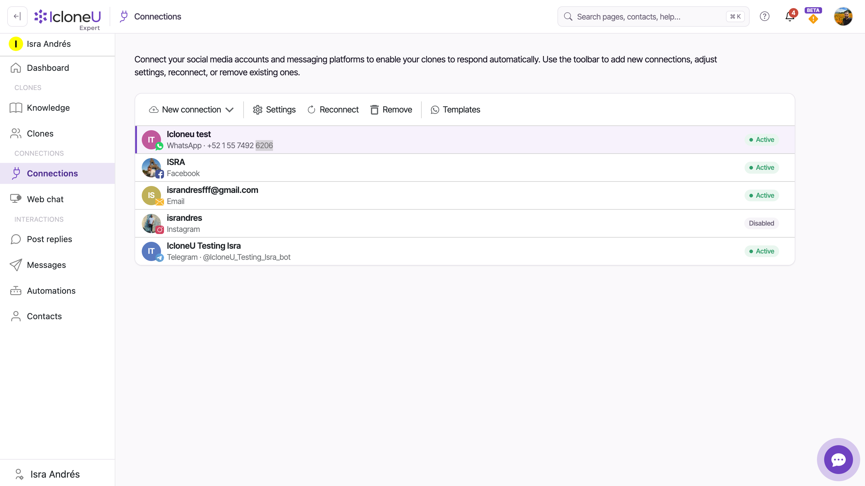 The Connections page with one connection showing a degraded status while the others look healthy