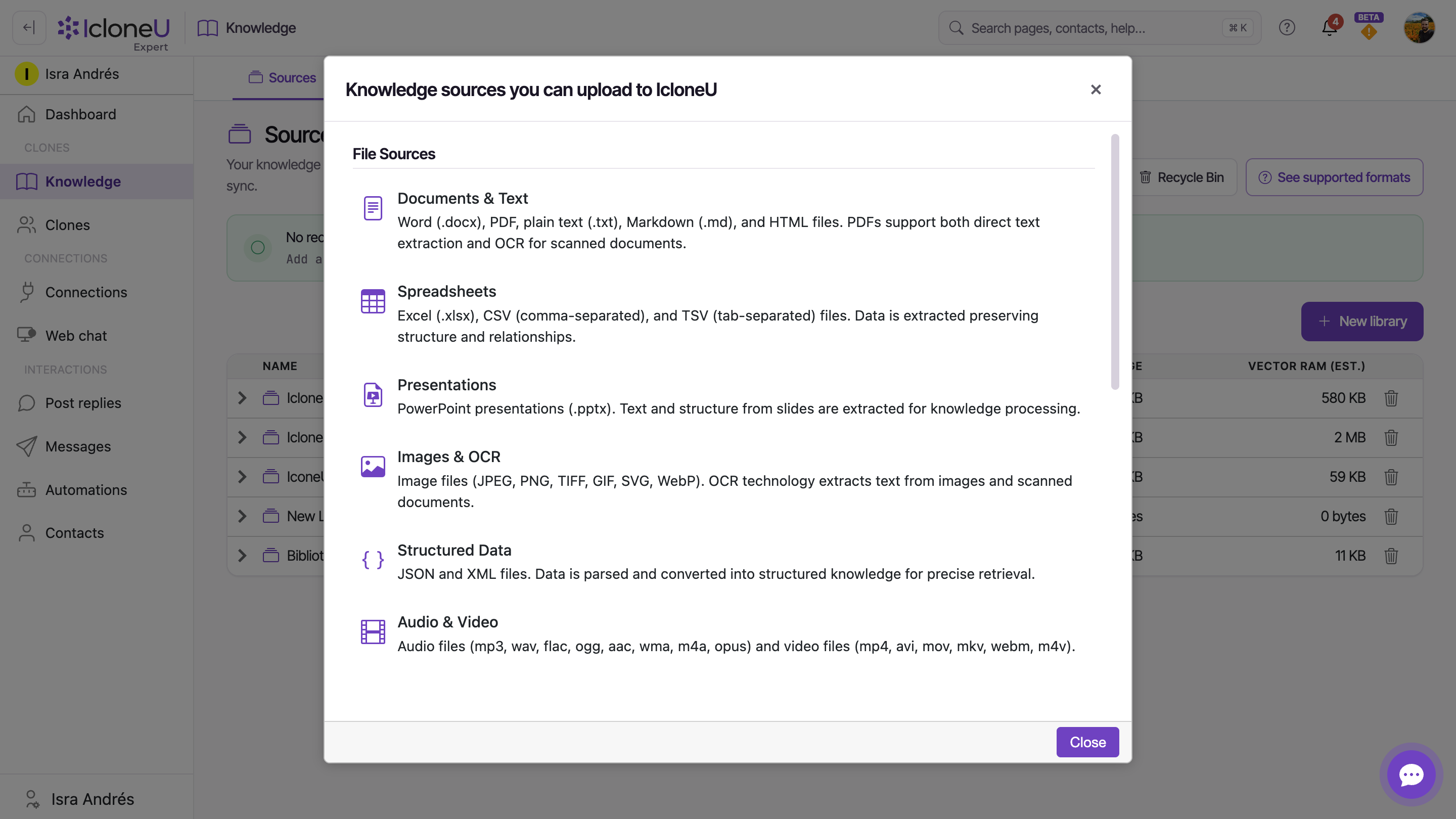 The "Knowledge sources you can upload to IcloneU" modal, fully expanded: File, Web & Media and Bulk Import families