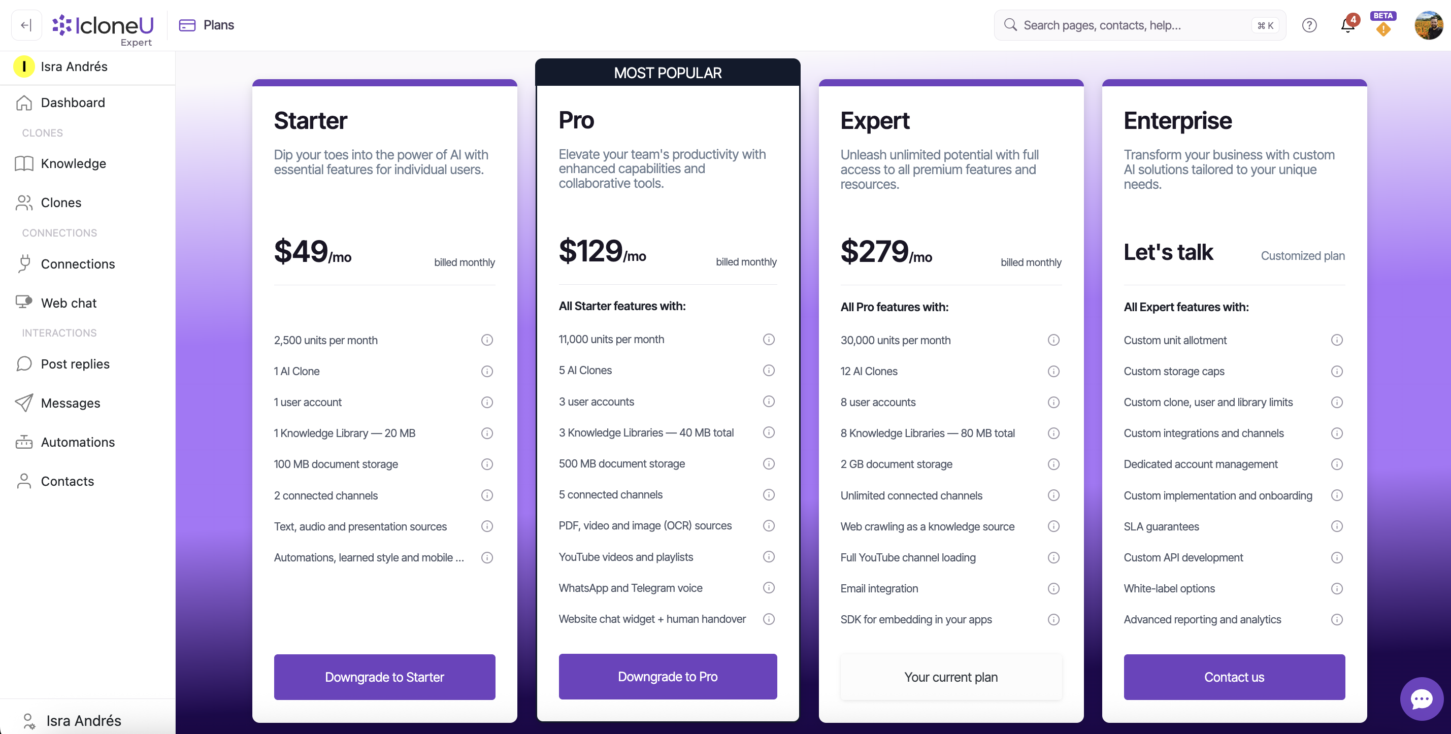 The Plans page tier cards with each card's Connections line highlighted