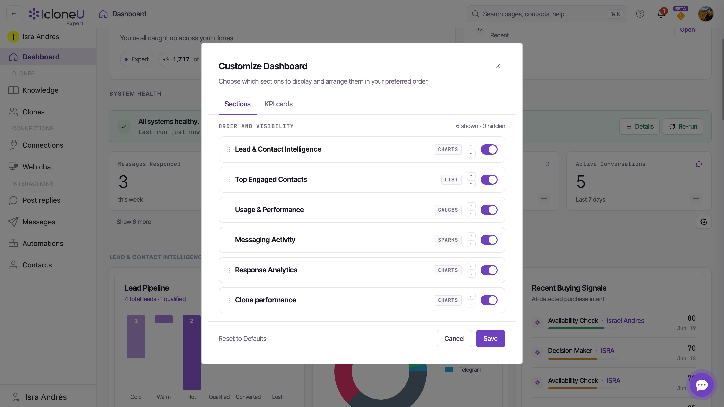 The Customize Dashboard dialog on the KPI cards tab: rows with drag handles, TOP 4 / SHOW MORE / HIDDEN badges and on-off switches, the shown / hidden count, and the Reset to Defaults / Cancel / Save controls