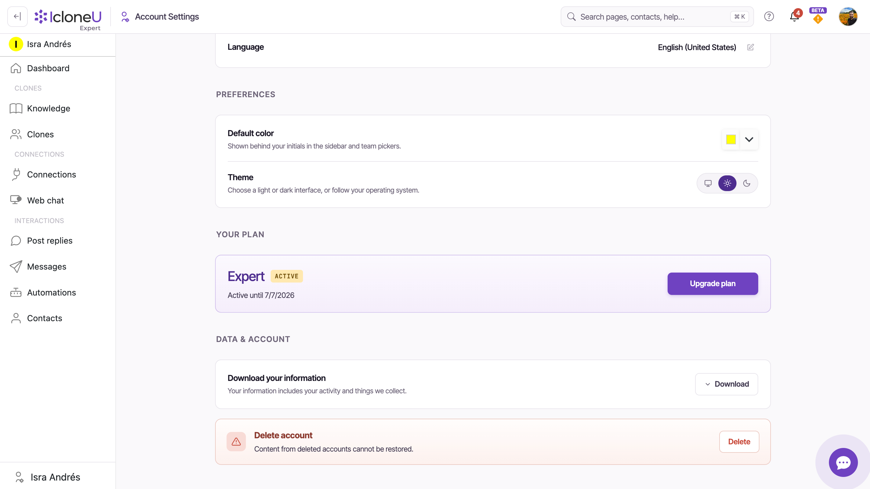 The Your plan section on the Your details tab, showing the current tier with its ACTIVE badge, the Active until date, and the Upgrade plan button