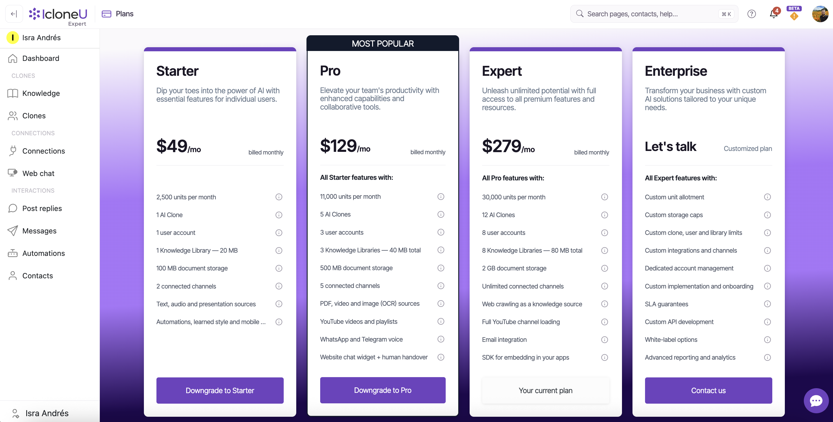 The Plans page with four tier cards (Starter, Pro, Expert, Enterprise), the current plan marked Your current plan, Pro flagged Most popular, and Downgrade to … buttons on the smaller tiers