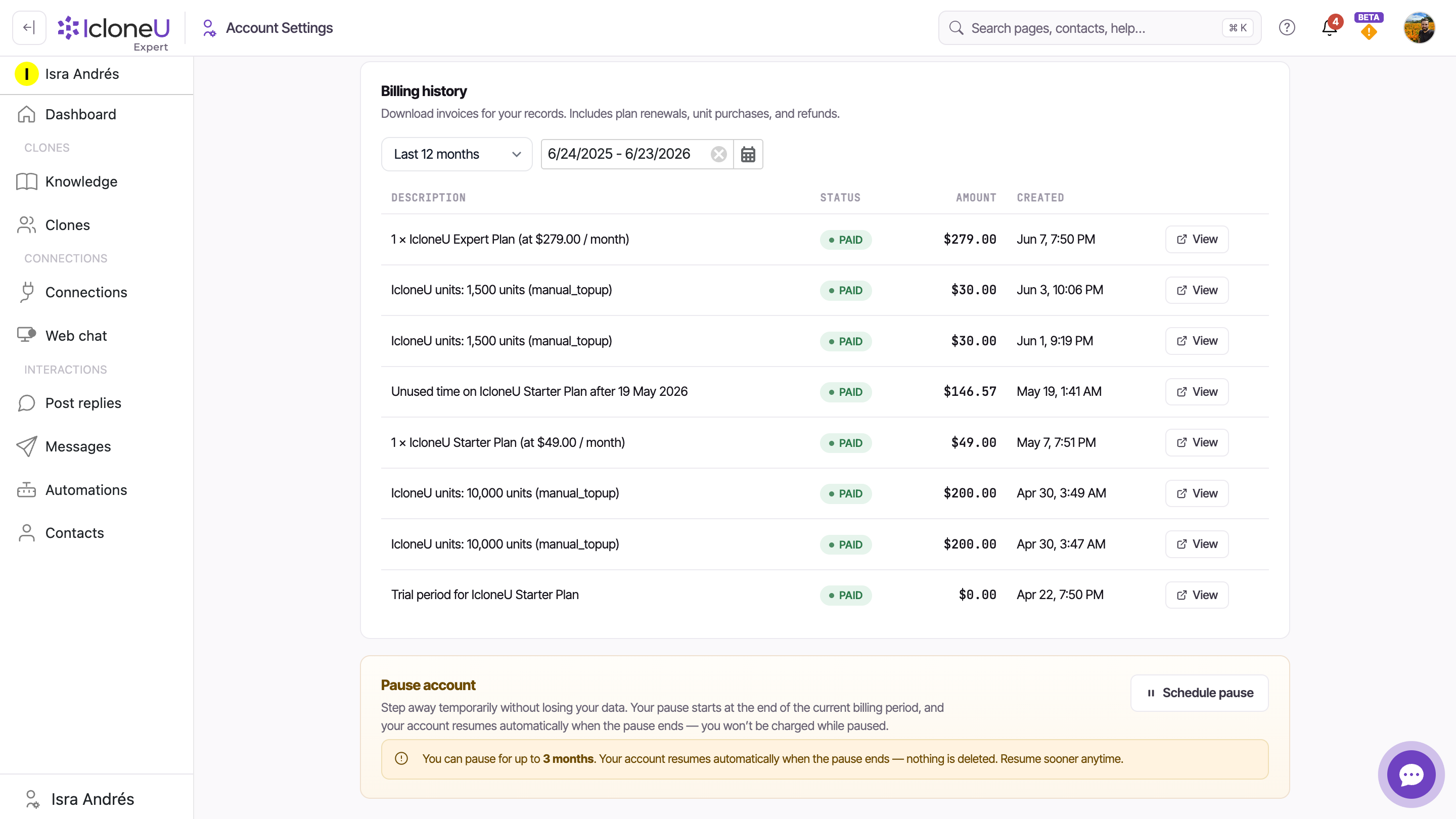 The Billing history table on the Billing tab, with the date-range filter above it and a View link on each row