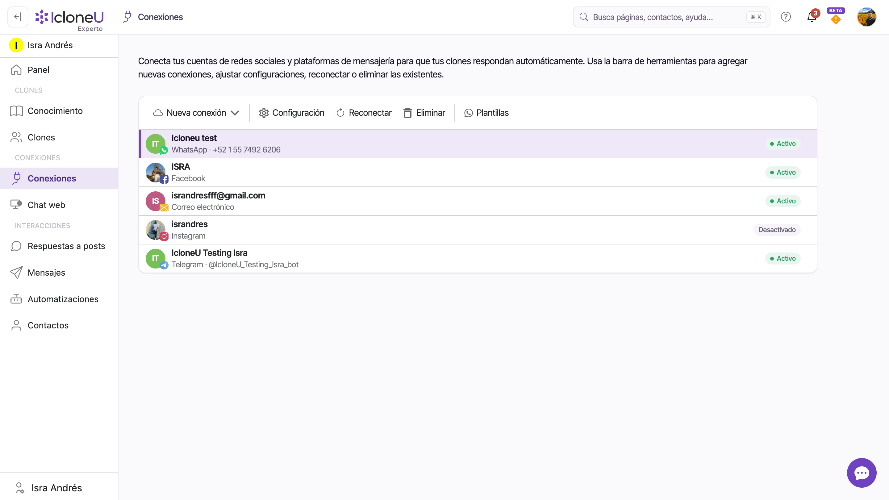 La Conexión de WhatsApp seleccionada en la página de Conexiones, con la acción Reconectar visible en la barra de herramientas