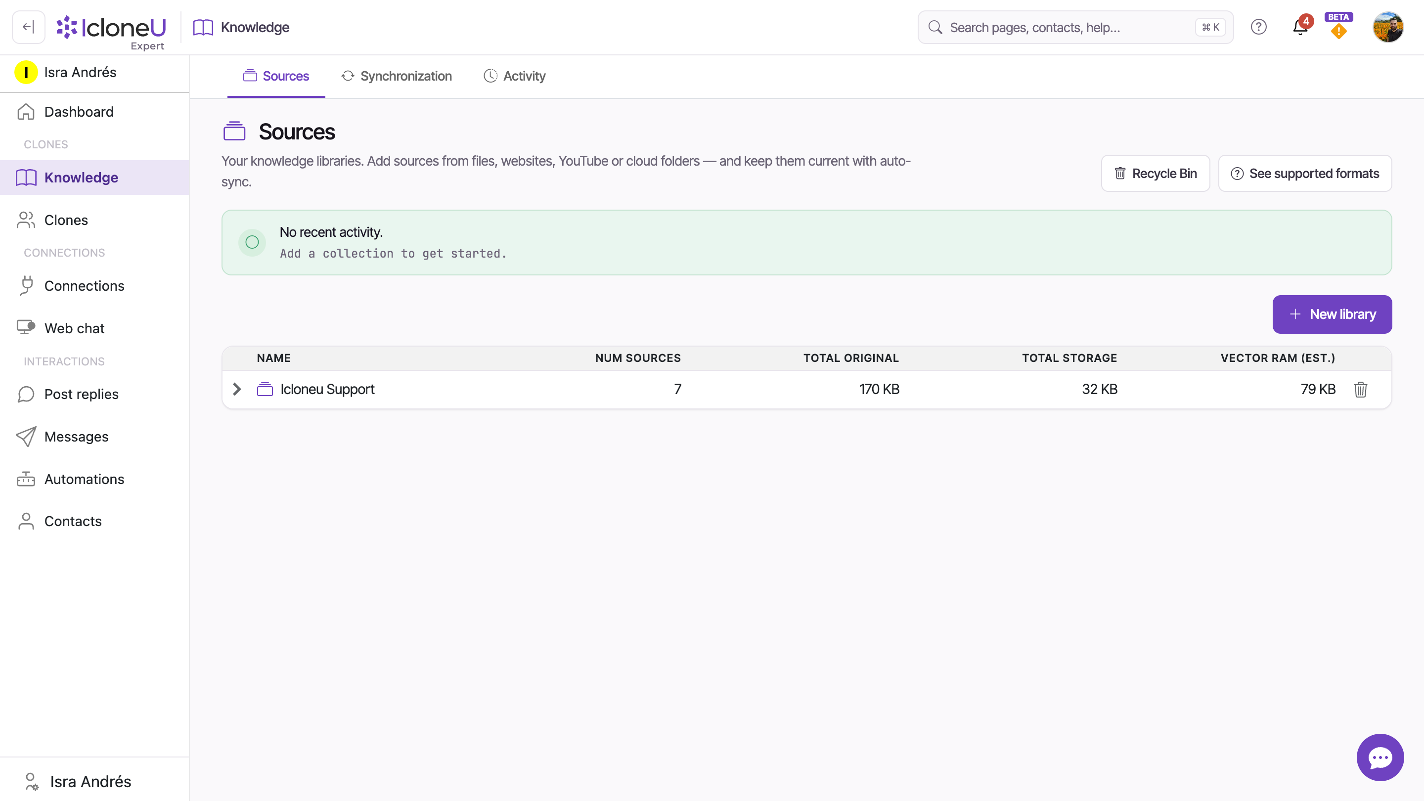 The Knowledge page with one library in the list and its Sources / Synchronization / Activity sub-tabs