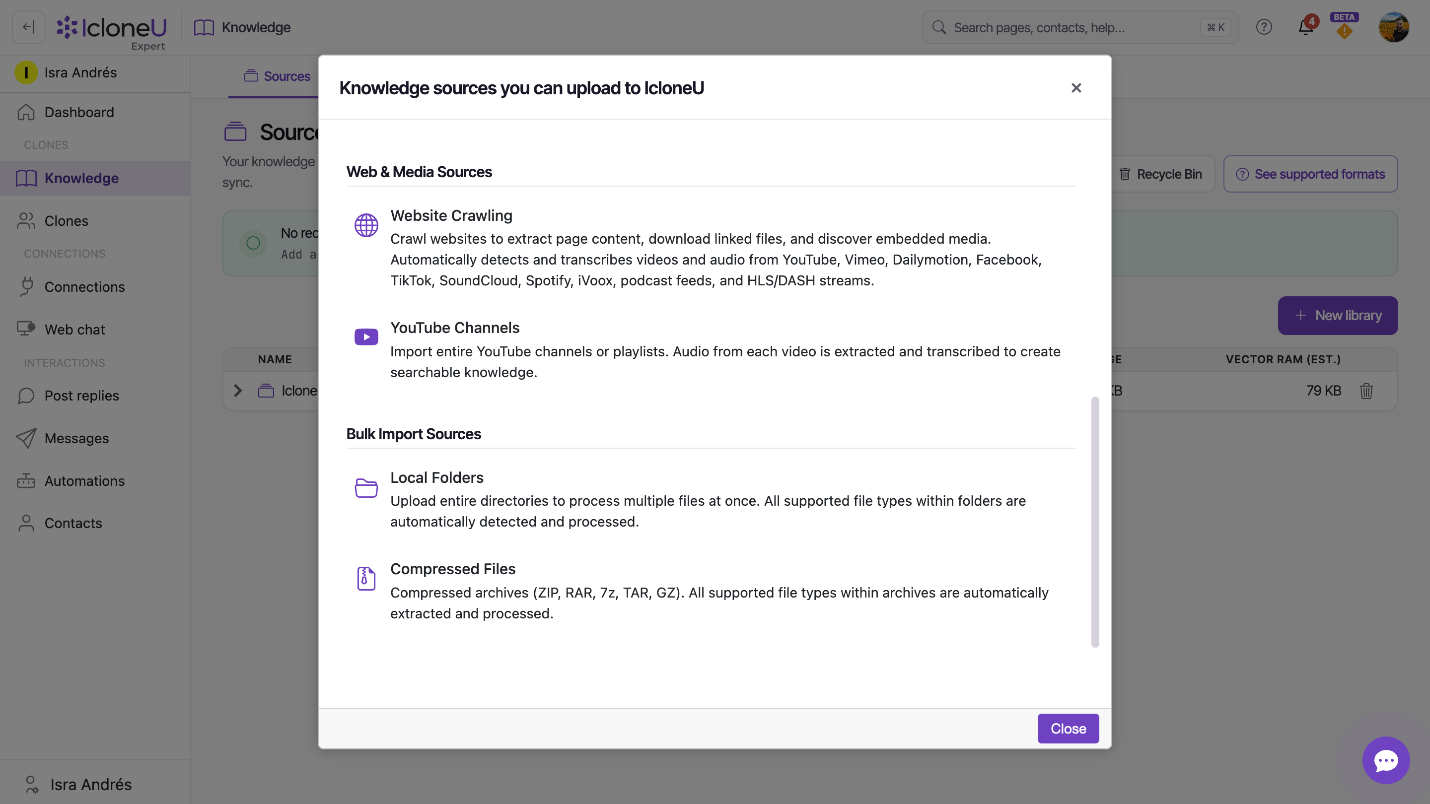 The "Knowledge sources you can upload to IcloneU" modal, showing the File, Web & Media and Bulk Import families