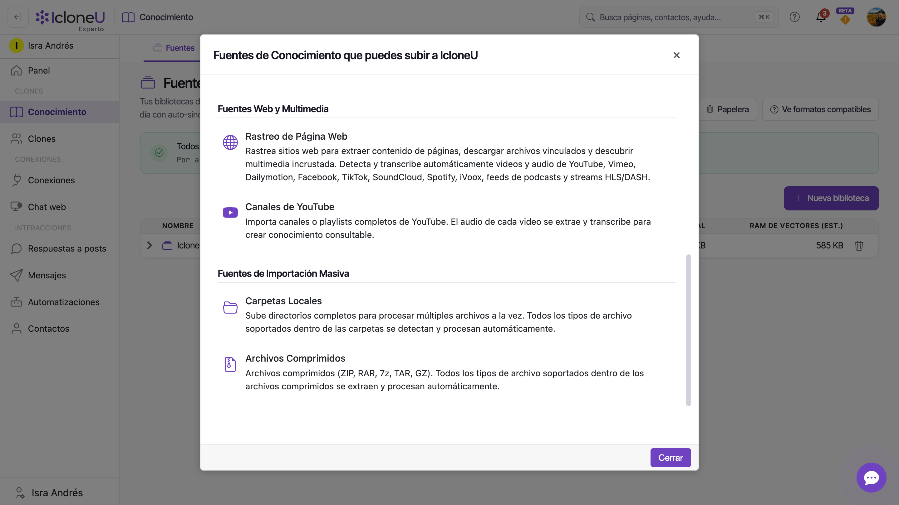 El modal de fuentes de conocimiento compatibles, que muestra las familias Archivos, Web y multimedia, e Importación masiva