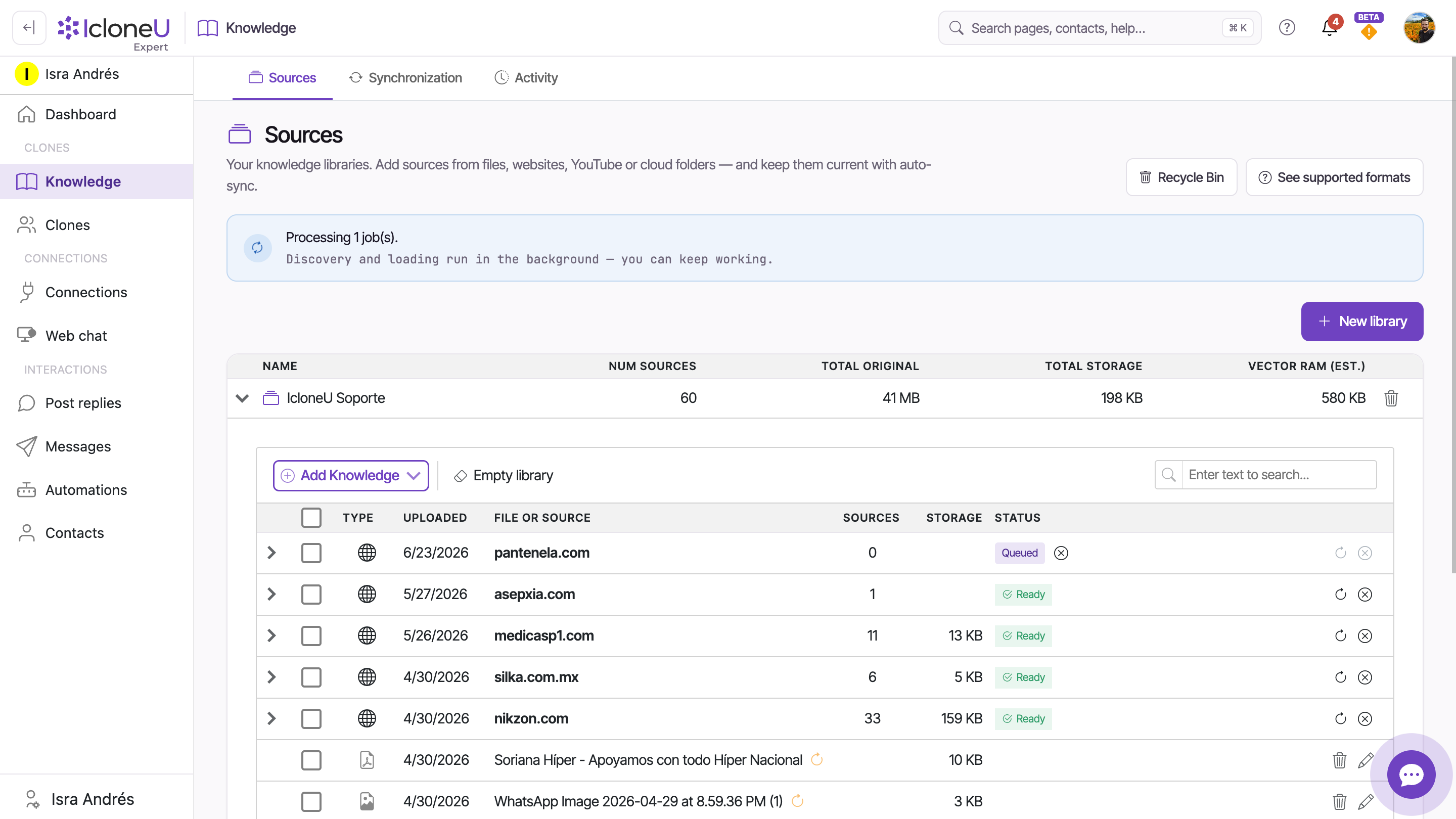 A library's Sources sub-tab with one source still Queued and others showing the Ready badge